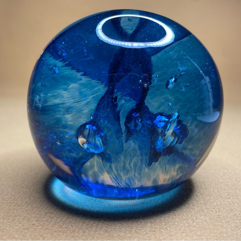 Beautiful blue swirl Murano style art glass paperweight-signed by the artist
